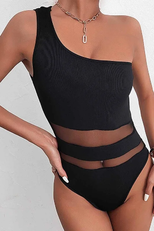 ONE SHOULDER TIGHT FIT MESH POINT BODYSUIT