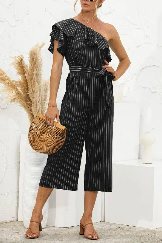 SLANTED SHOULDER RUFFLED STRIPED JUMPSUIT