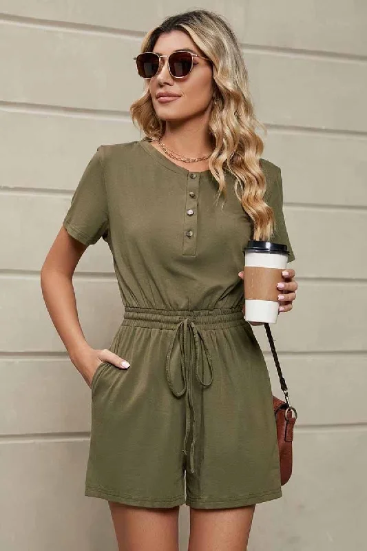 DRAWSTRING BUTTON UP POCKET JUMPSUIT