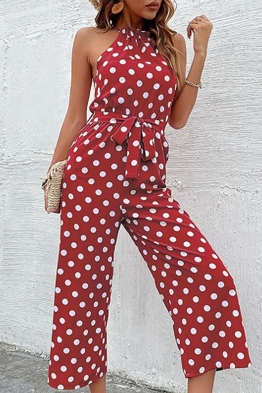 DOT HALTER NECK TIED WAIST WIDE JUMPSUIT