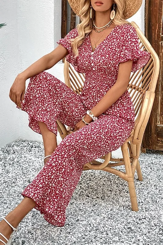 V NECK FLORAL CUT OUT BACK RUFFLE SLEEVE JUMPSUIT