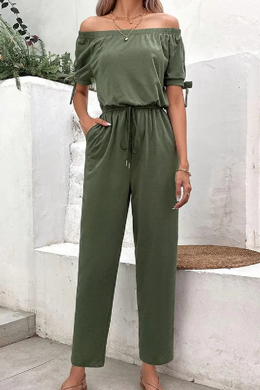 WOMEN OFF SHOULDER WAIST DRAWSTRING JUMPSUIT