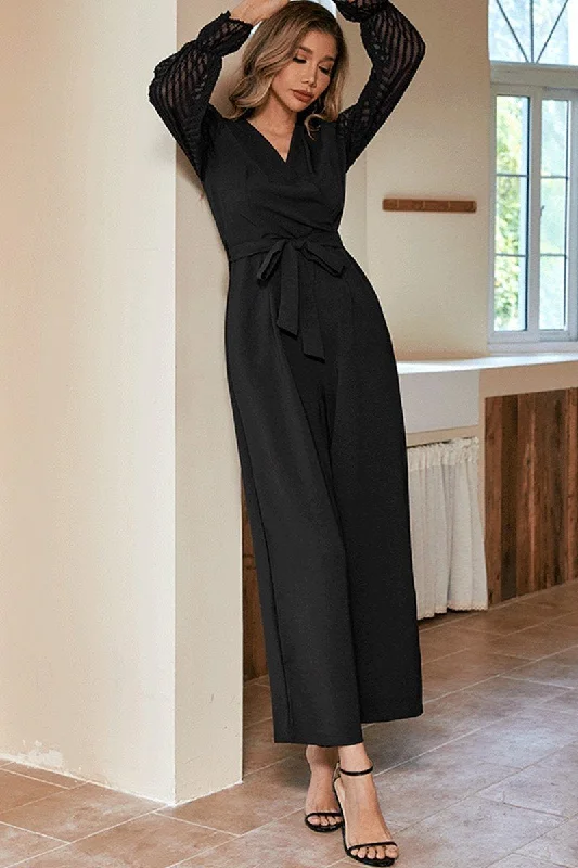 WOMEN LACE TRIM LONG SLEEVE WRAP STYLE JUMPSUIT