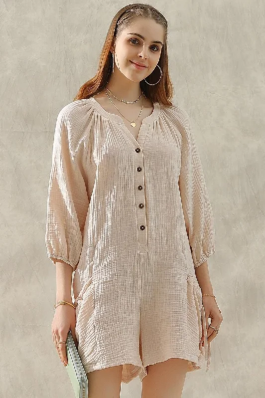 BUTTON UP DRAW STRING POCKET LONGSLEEVE JUMPSUIT