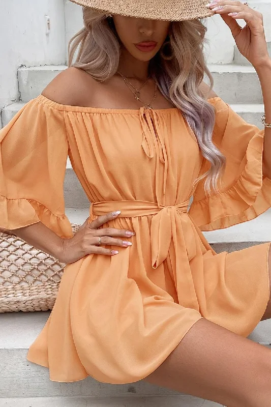 RUFFLED OFF SHOULDER TIED WAIST LOOSE ROMPER