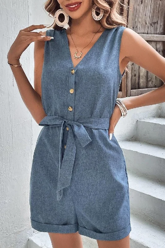 SLEEVELESS BUTTON TIED WAIST ROLL UP ROMPER