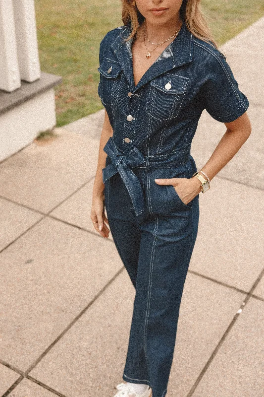 Demi Contrast Stitch Jumpsuit - Dark Denim