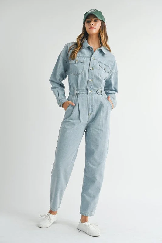 Tell Me About It Cinched Waist Denim Jumpsuit