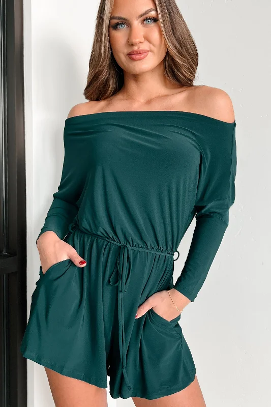 With Absolute Certainty Off The Shoulder Romper (Hunter Green)