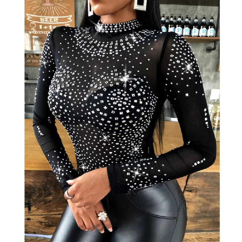 Amy Fashion - Long Sleeve Slim Fit Round Neck Diamonds Shine Blouse