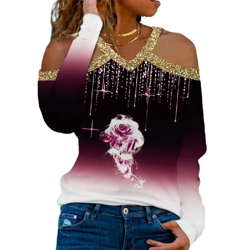 Amy Fashion - Rose Print Shiny Sequin Cold Shoulder Party Club Shirt