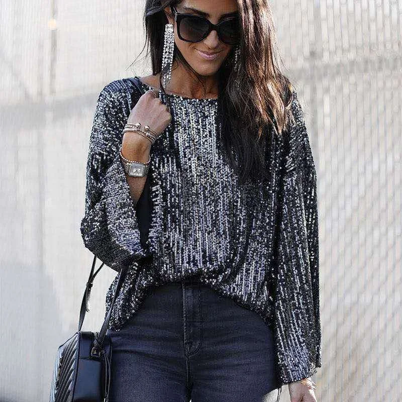 Amy Fashion - Casual Glitter Sequin Tunic O Neck Long Sleeve T-shirt