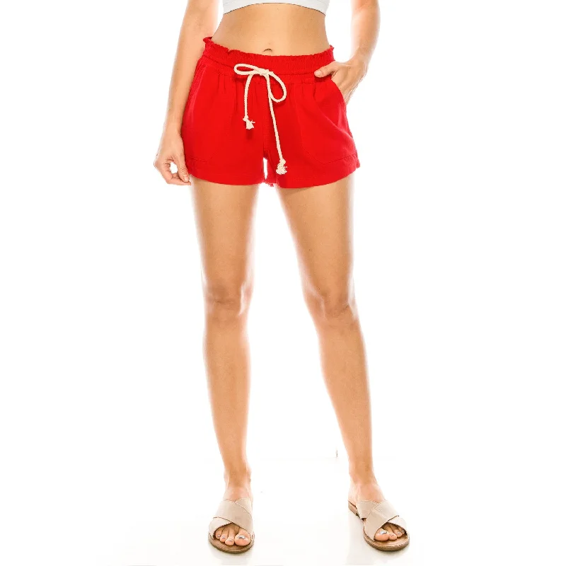 Drawstring Linen Shorts - Red