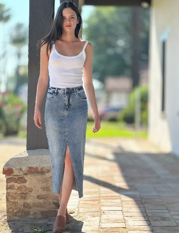 Front Slit Classic Denim Midi Skirt