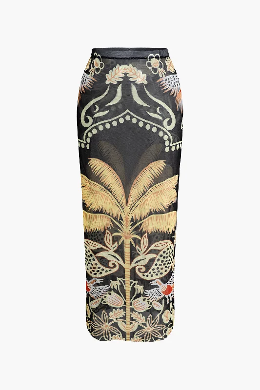 Coconut Tree Print Mesh Maxi Skirt