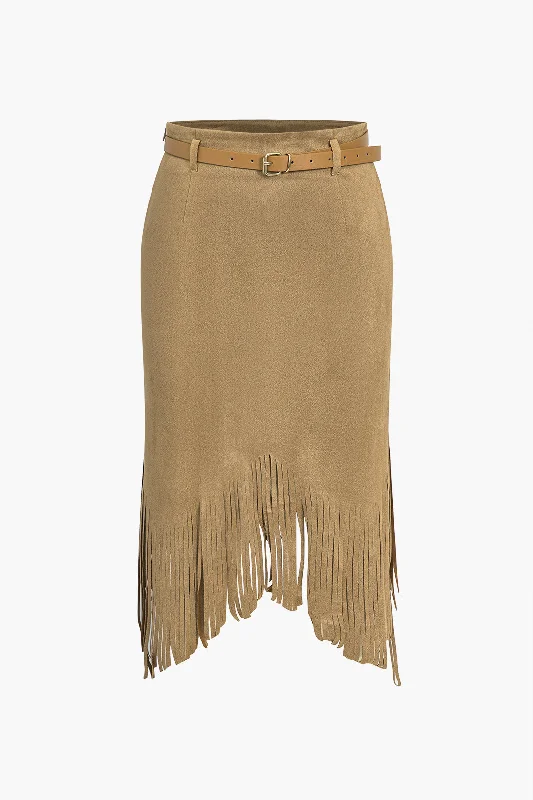 Solid Fringe Belted Zipper Skirt