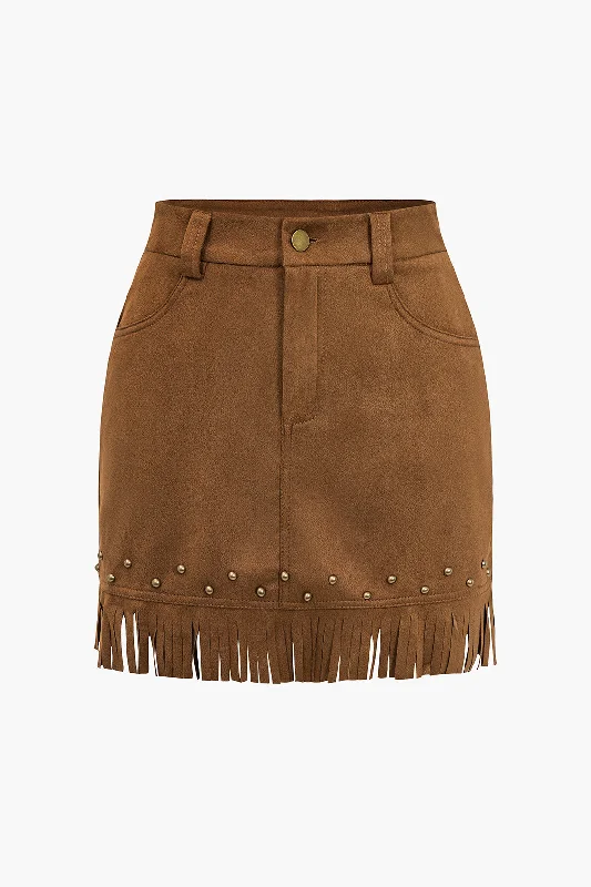 Solid Suede Fringe Button Pocket Zipper Skirt