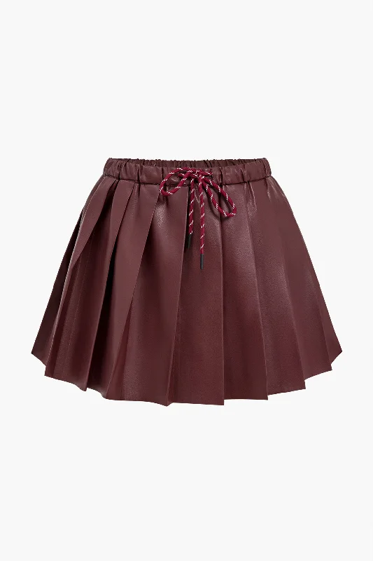 Solid Faux Leather Pleated High Waist Tie-Up Skirt