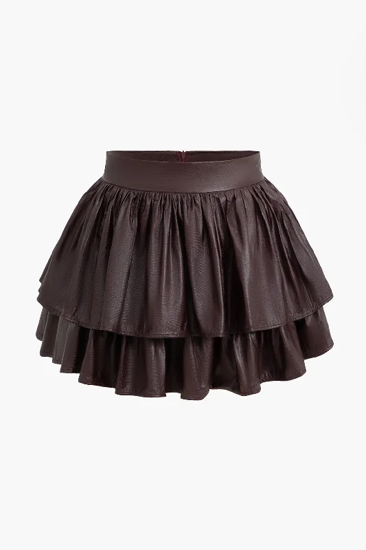 Faux Leather Layer Ruched Skirt