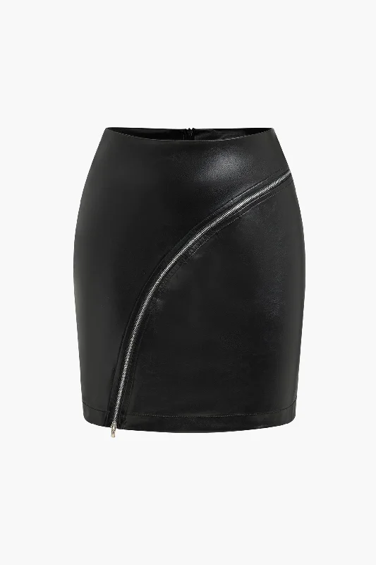 Diagonal Zipper Faux Leather Mini Skirt