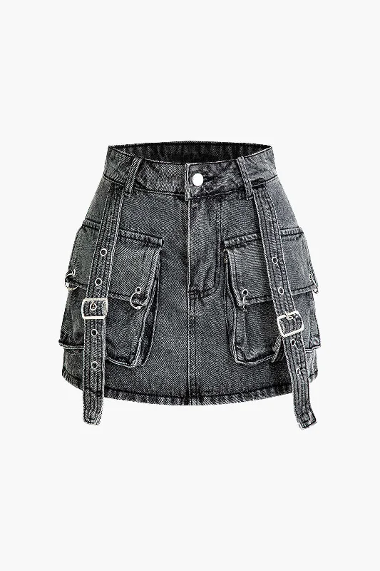 Belt Detail Flap Pocket Denim Mini Skirt