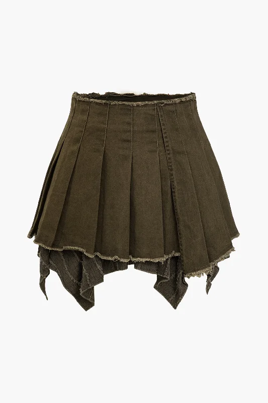 Solid Pleated Denim Mini Skirt