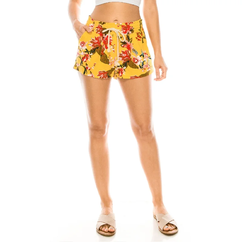 Printed Drawstring Linen Shorts - Yellow Floral