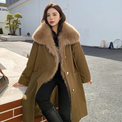 Removable Rex Rabbit Liner Real Fox Fur Collar Winter Coat for Women