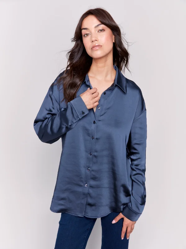 Solid Satin Button-Down Shirt - Navy