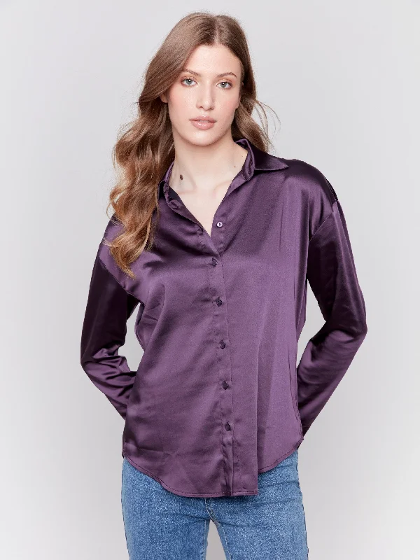 Solid Satin Button-Down Shirt - Plum